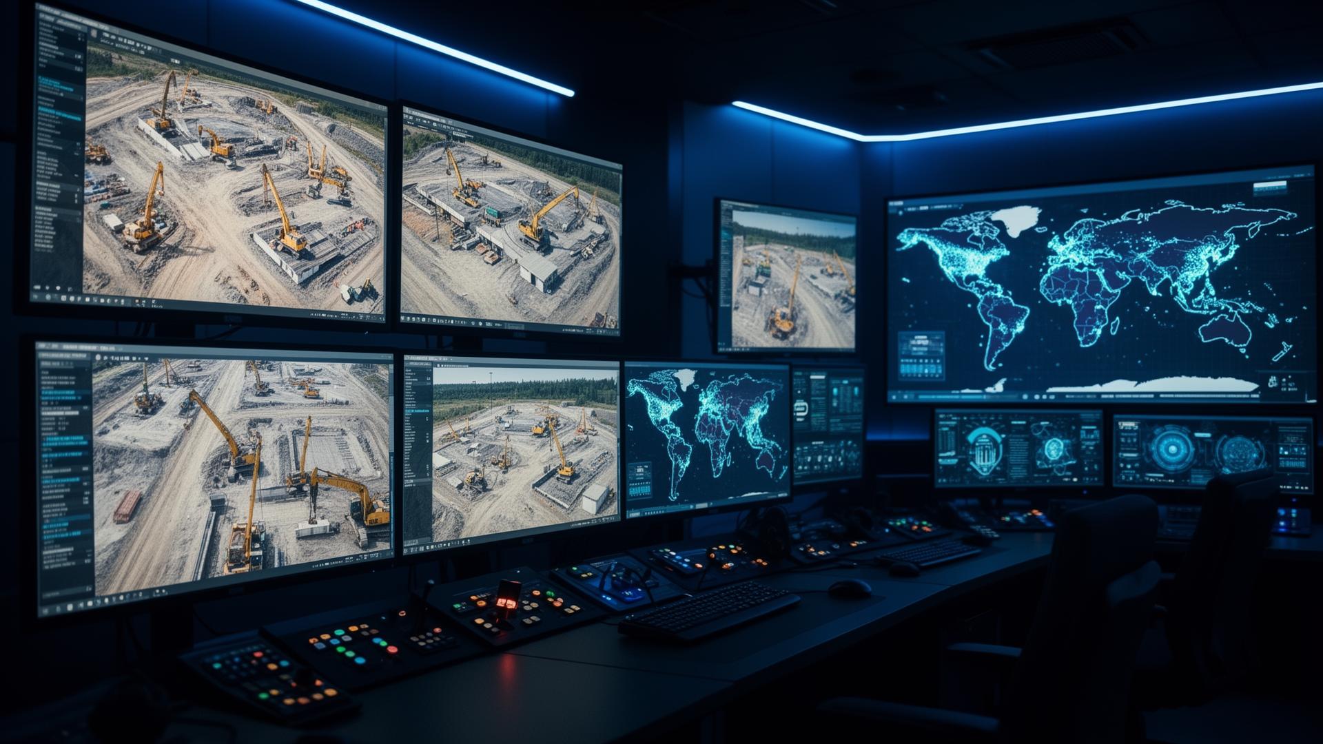 Mission control room monitoring construction sites worldwide