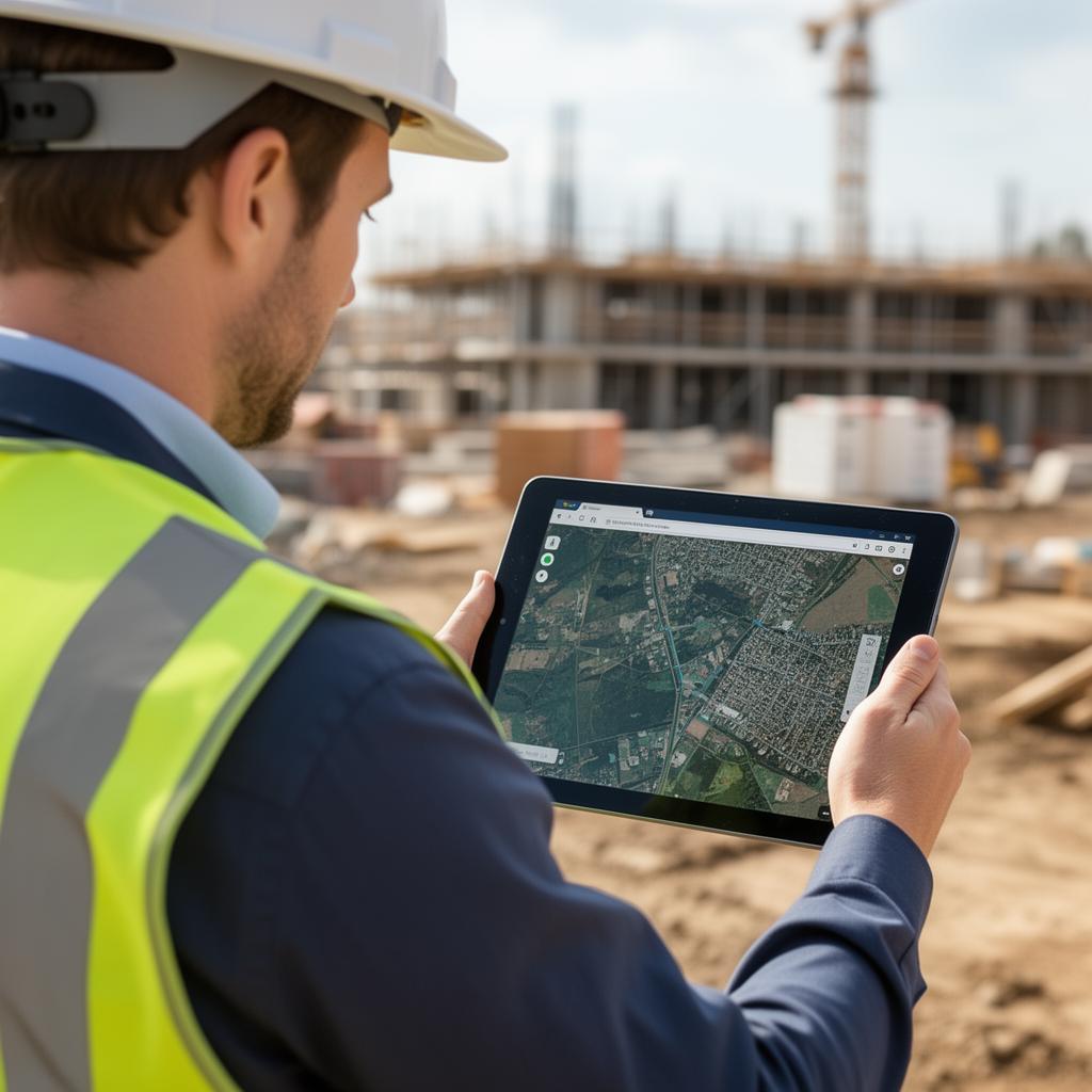 Project manager reviewing satellite progress on a tablet at a construction site